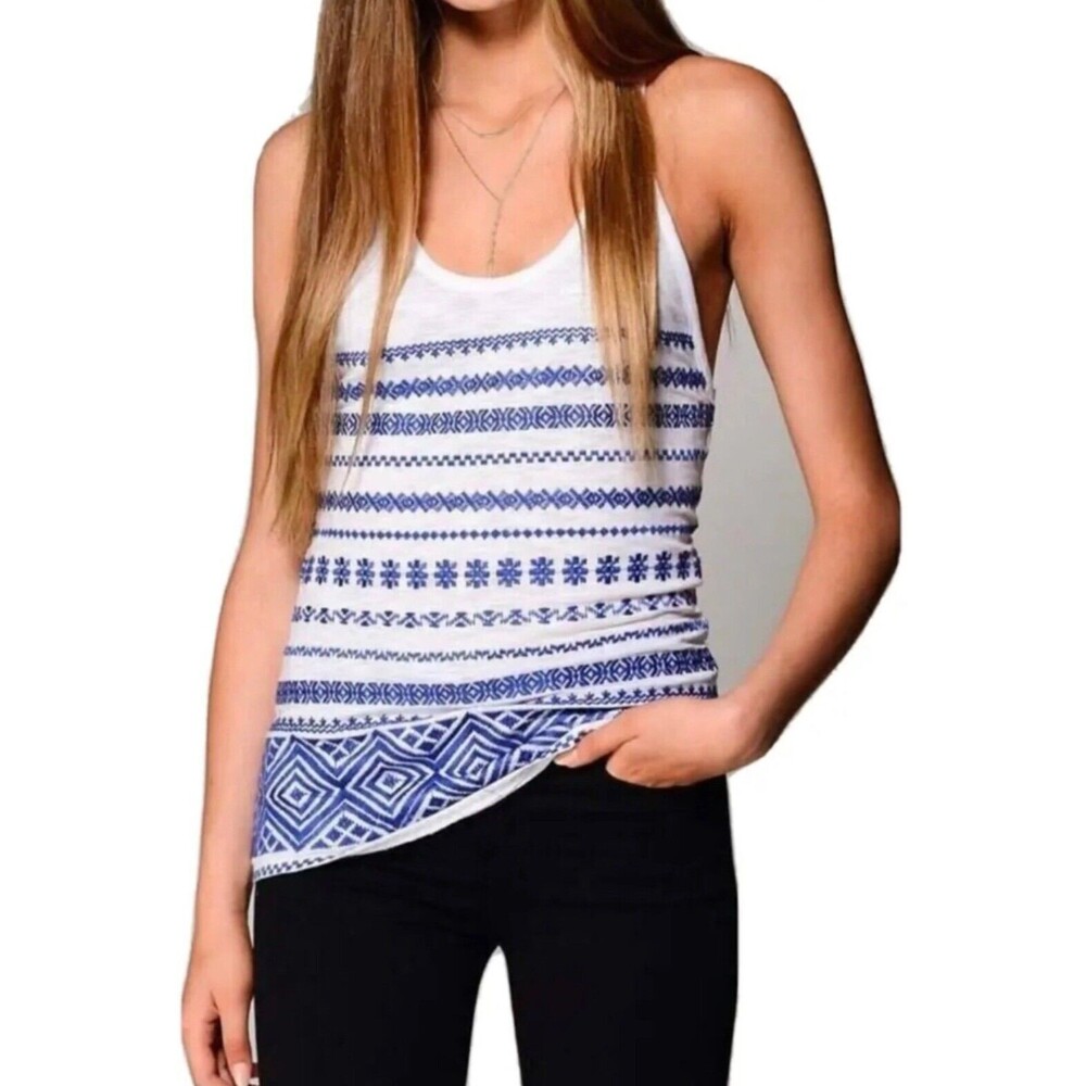 🌊 Sam Edelman White & Blue Sleeveless Top – Tulum Embroidered, Size Small